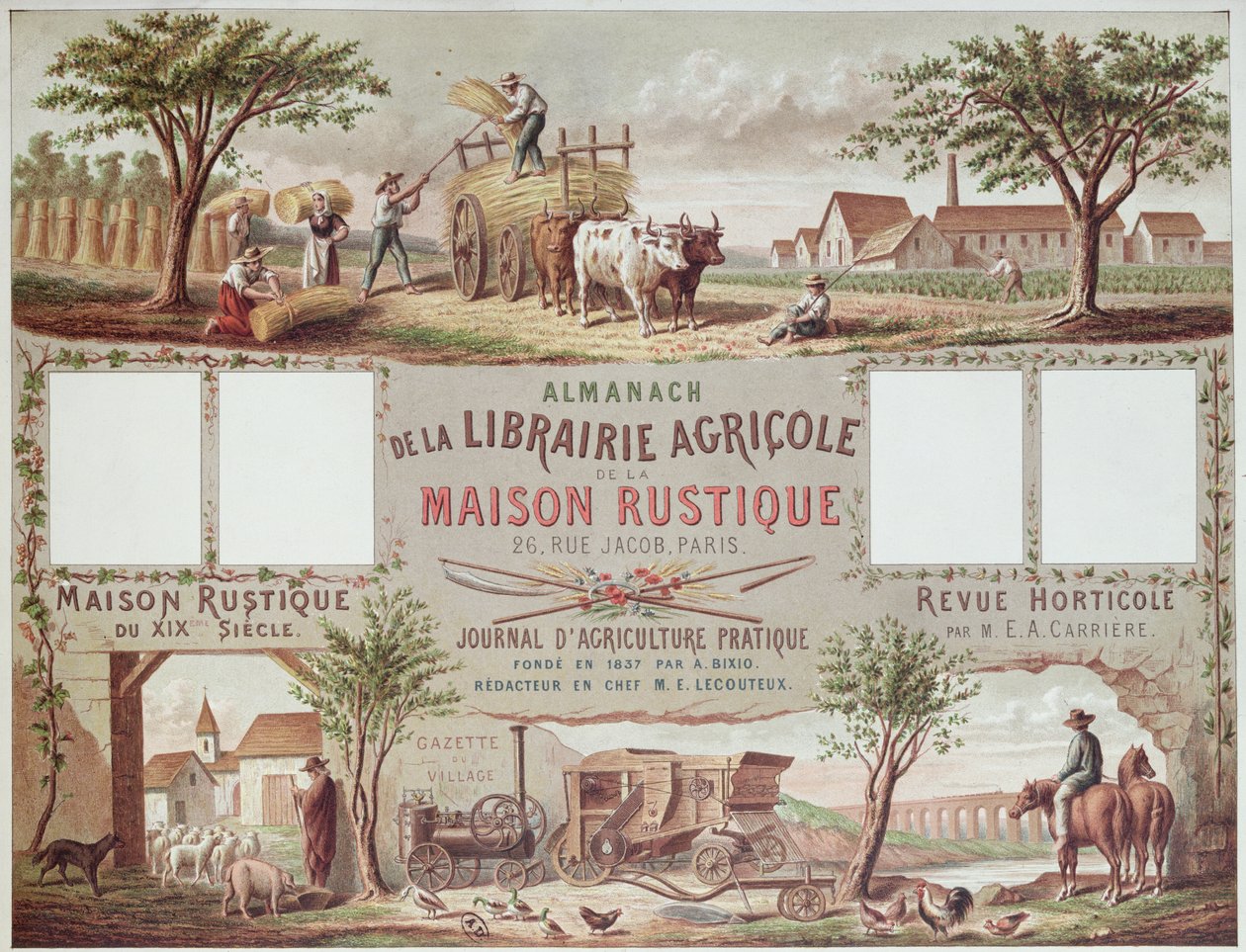 Almanaque ilustrando métodos tradicionais e modernos de agricultura. c.1870-80 de French School