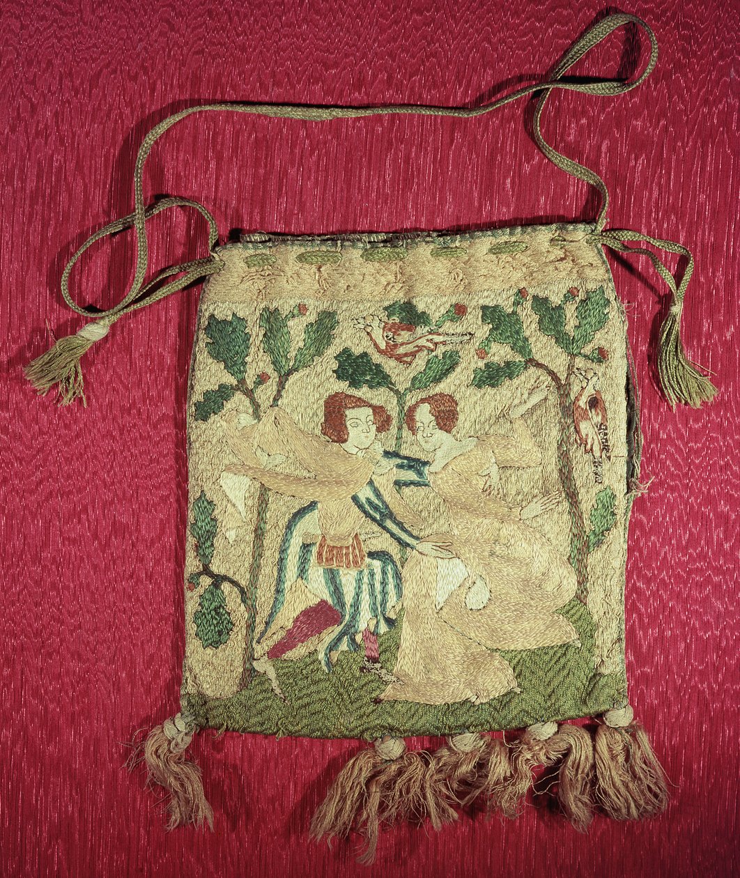 Esmola bolsa retratando um retorno de caçadores (seda bordada) de French School