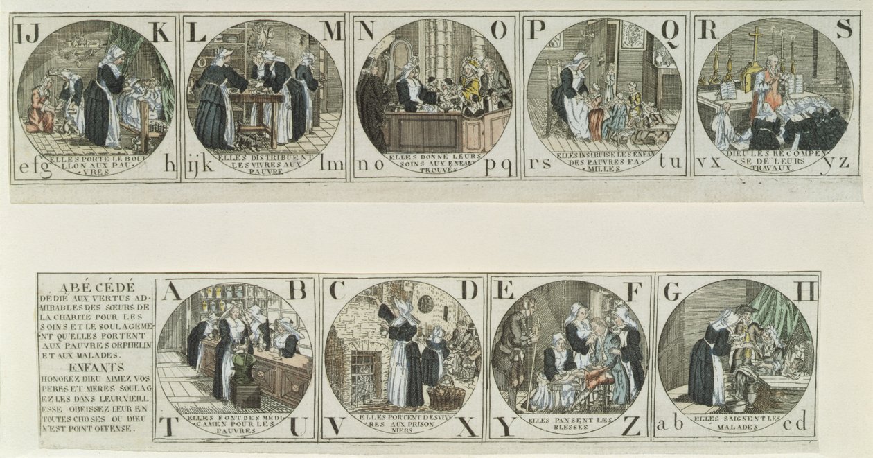 Primer de alfabeto retratando o trabalho das irmãs da caridade, início do século XIX (gravura de cor) de French School