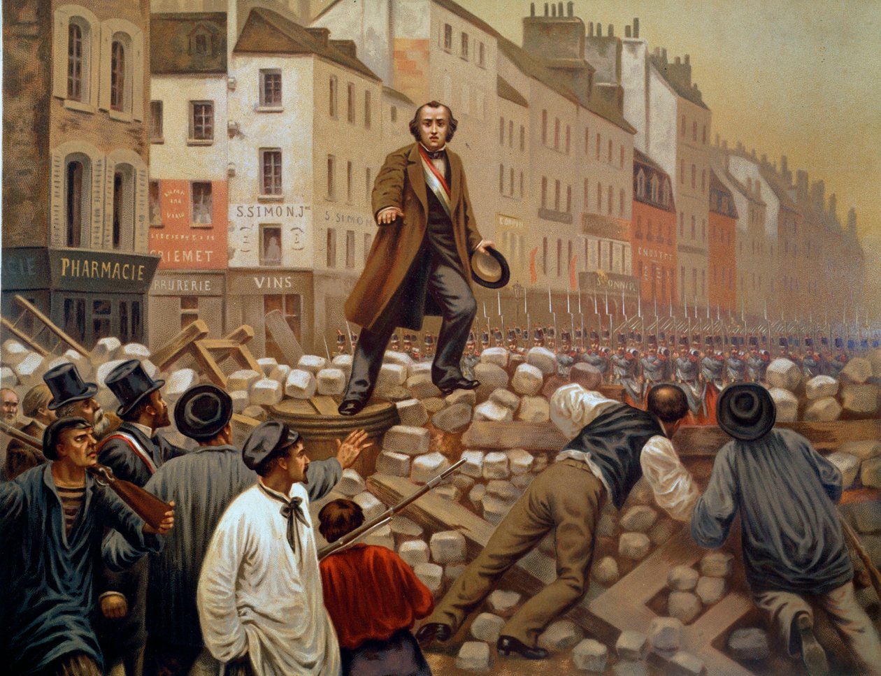 Alphonse Baudin (1811-1851) na barricada do Faubourg Saint Antoine em 3/12/1851 durante o golpe de Estado de Luís Napoleão III (Luís-Napoleão Bonaparte) Gravura de 1851 de French School