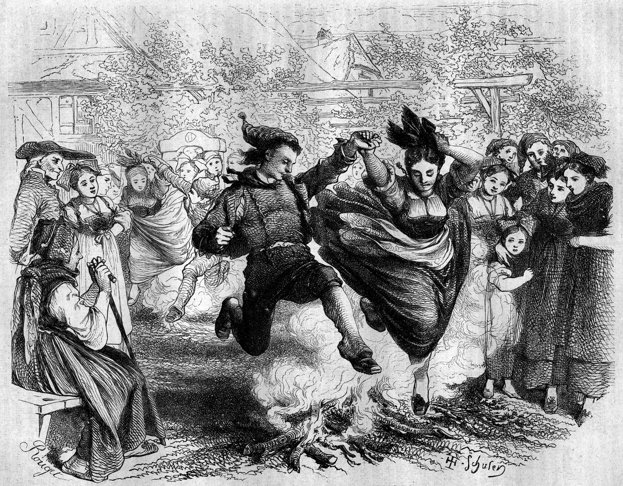 Costume alsaciano: o fogo de São João (São João). Um homem e uma mulher saltam sobre uma fogueira de lenha. Gravura em "Le Magasin Picturesque". de French School
