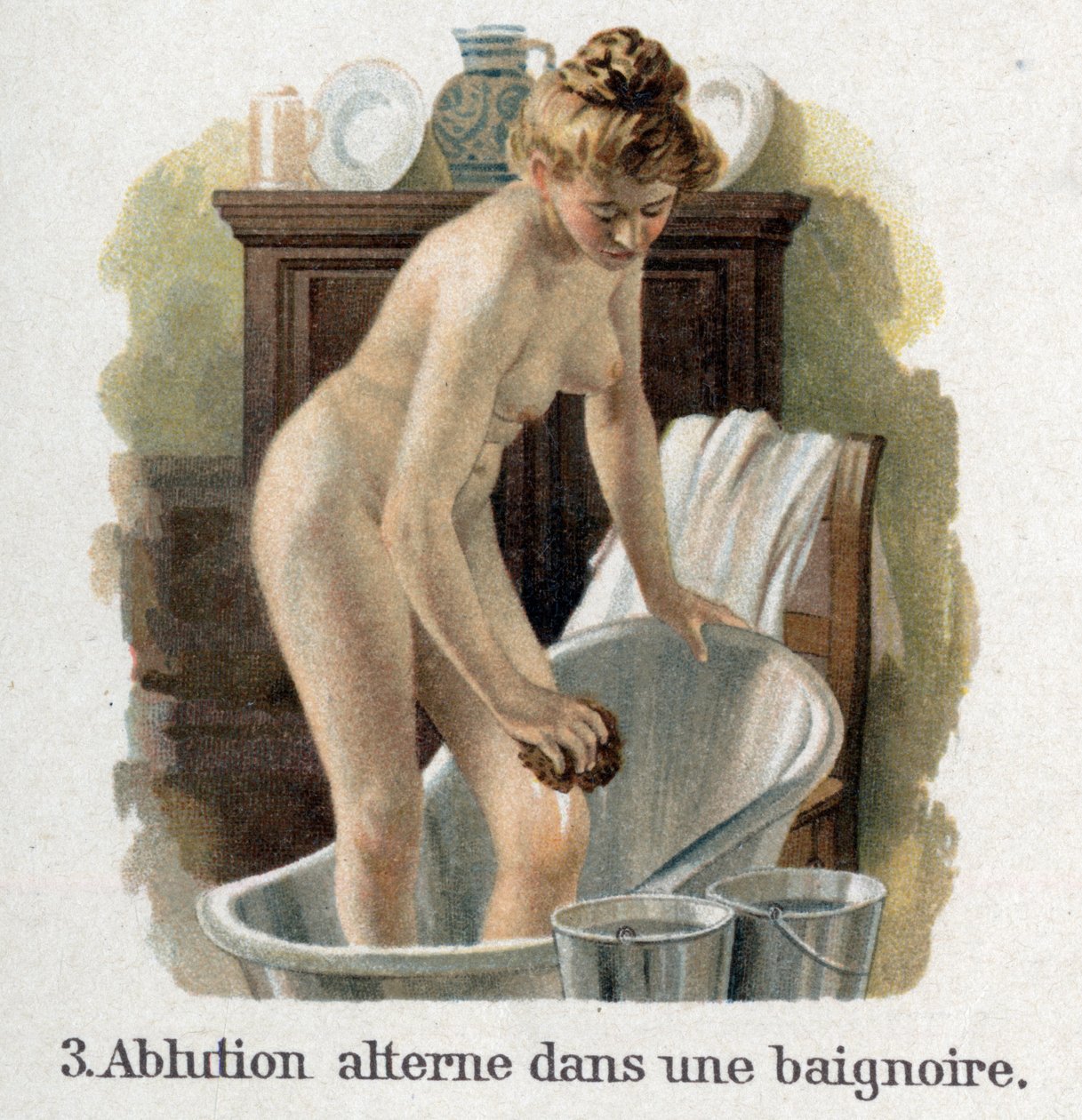 Alução numa banheira com dois baldes, um dos quais contém água chuad e o outro contém água fria de French School