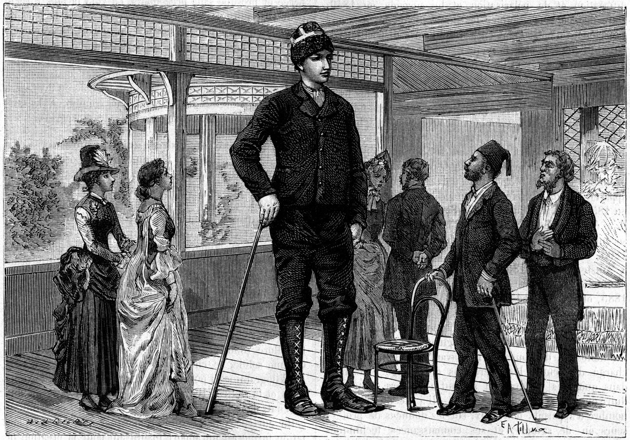 Amanab (ou Auvassab, pelo seu verdadeiro nome Amenates Tingitsoglu 1868-1887), um gigante grego de 2,36 metros, dando a volta às capitais europeias, que inspirou um gigante na história "A vontade de um excêntrico" de Jules Verne (1828-1905). Gravura em "La de French School