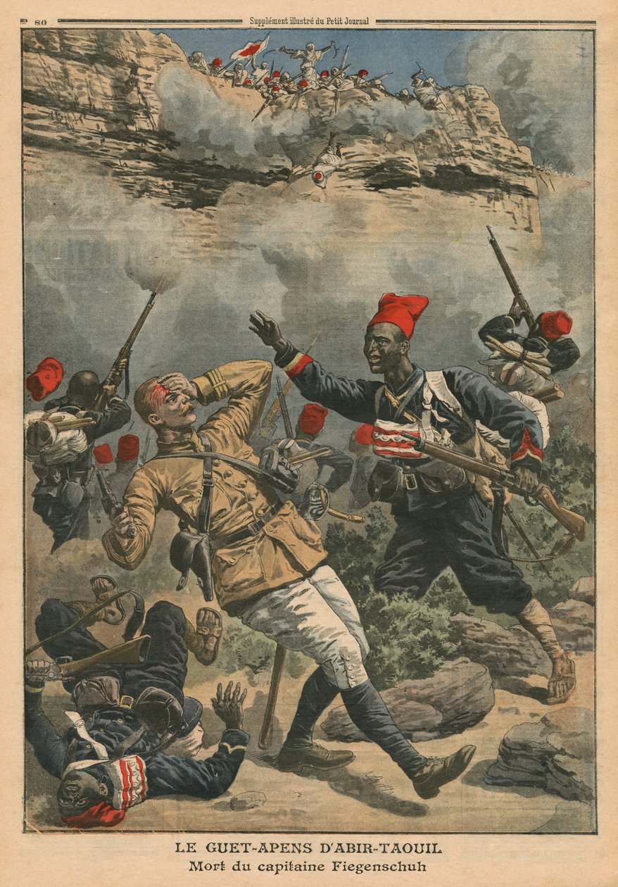 Emboscada em Abir-Taouil, morte do Capitão Fiegenschuh, ilustração do &39;Le Petit Journal&39;, suplemento ilustrativo, 6 de março de 1910 de French School