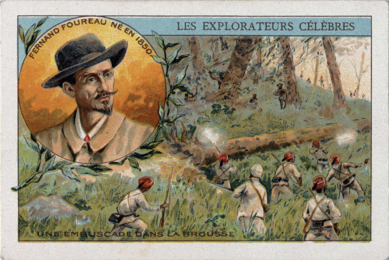 Emboscada no mato africano durante uma expedição do explorador francês Frenand Fourreau (1850 - 1914). Cromolitografia do século XIX. de French School