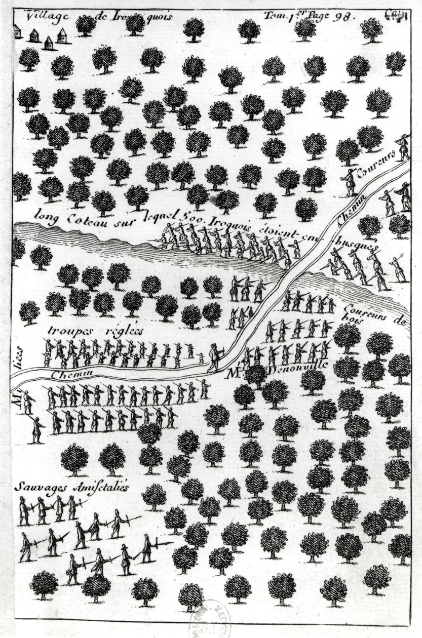 Emboscada dos iroqueses, de &39;Diálogo do Barão de Lahontan e um Selvagem na América&39;, publicado em Amsterdã 1704 (gravura) (foto bw) de French School