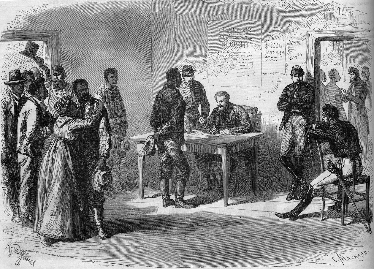 Guerra Civil Americana (1861-1865): Voluntários negros entrando no exército do General Grant (Nórdico) de French School