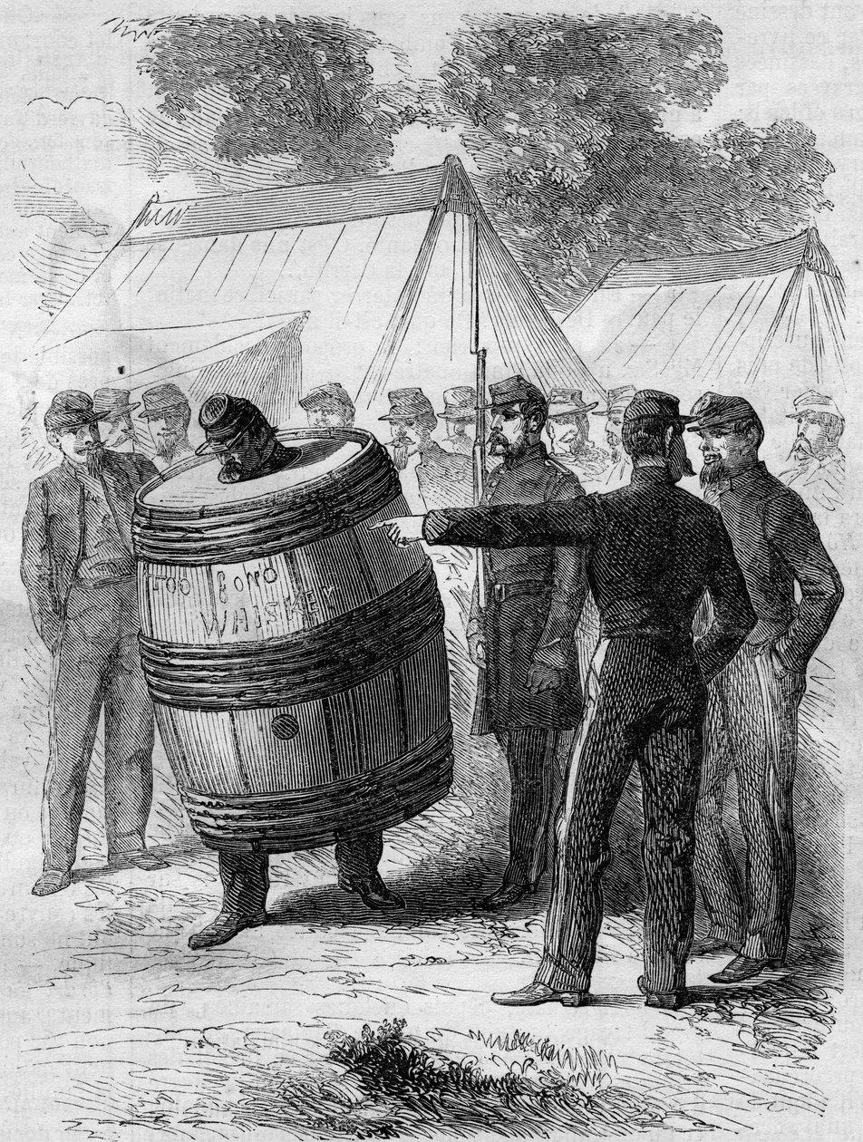Guerra Civil Americana (1861-1865): punição de um soldado bêbado do exército da Confederação. Ele está usando um trespassador de barril e caminhante pelo acampamento sob o olhar divertido de outros soldados. Gravura no "Le Monde Illustré" n°276 de 26 de ju de French School