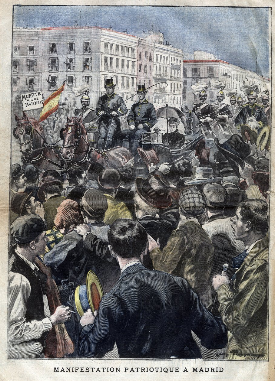 Guerra Hispano Americana (ou Desastre de 1898) - manifestação patriótica em Madrid em 1898 na presença da Rainha Maria Christine de Espanha (1858-1929) - gravura em "La petite Gironde" de 1898 de French School