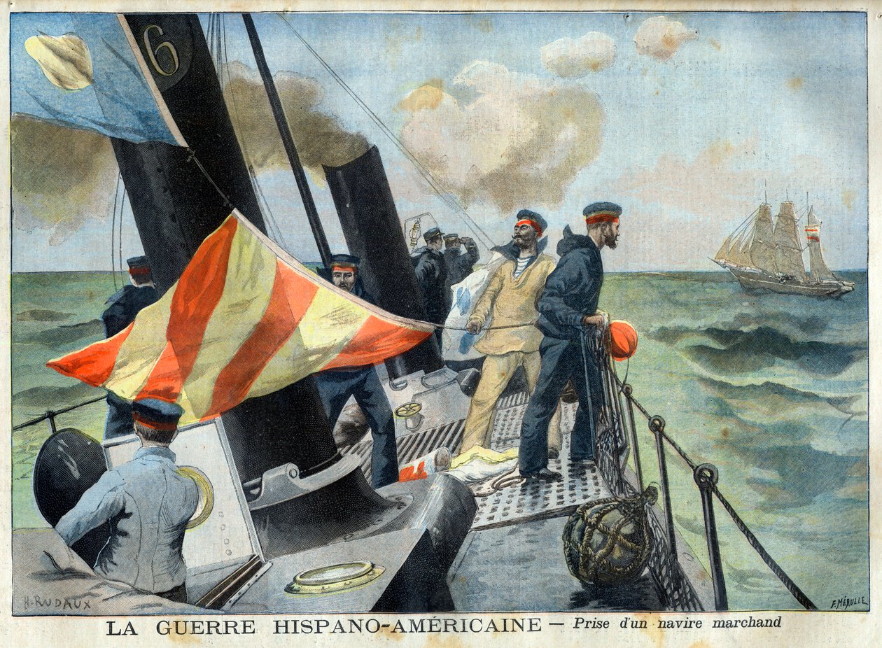 Guerra Hispano Americana (ou Desastre de 98) - A Guerra Hispano Americana: captura de um navio mercante. A Guerra Hispano-Americana - Captura de um navio mercante. Ilustração para o Le petit Journal de French School