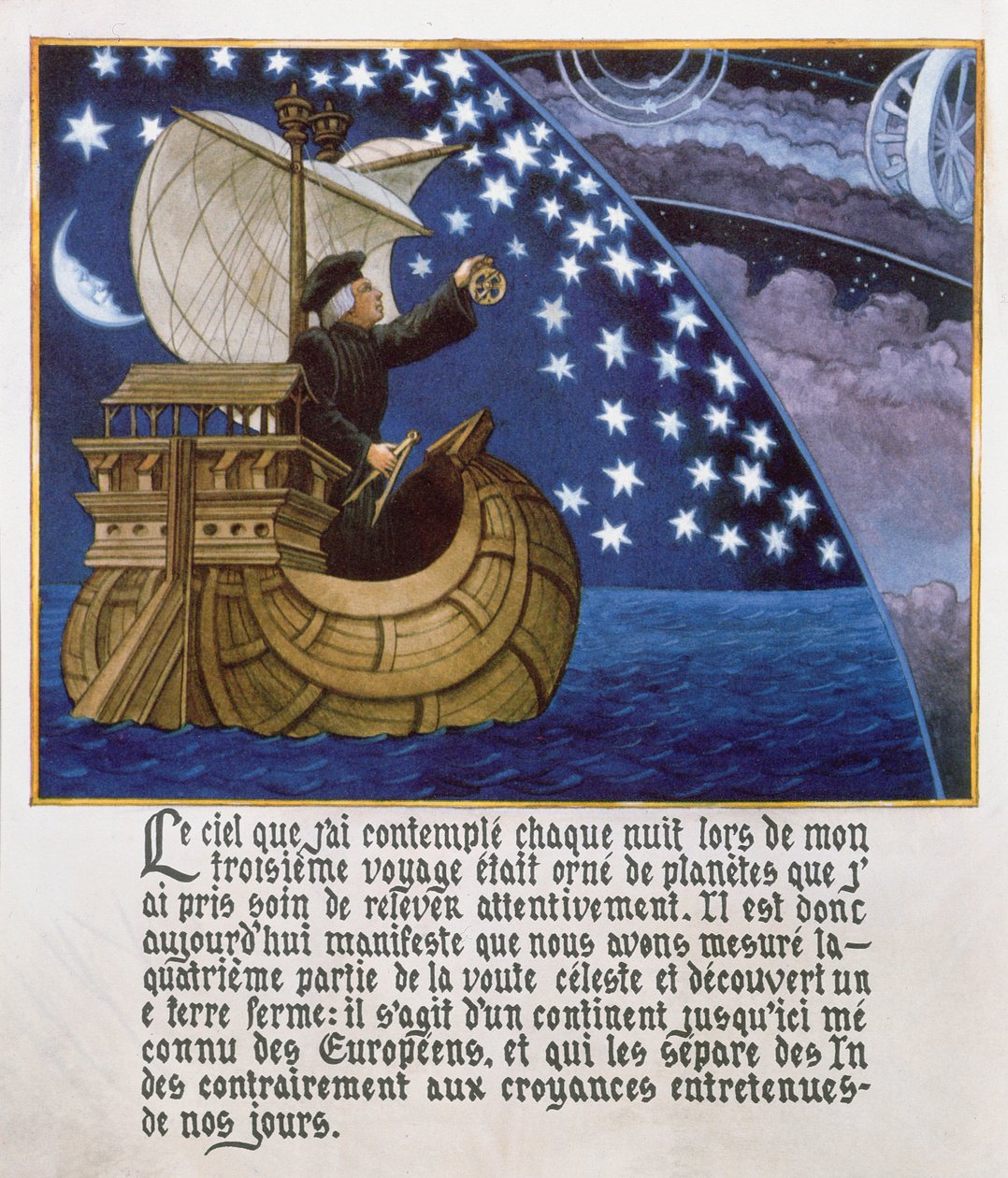 Amerigo Vespucci navegando pelas estrelas em sua terceira viagem de French School