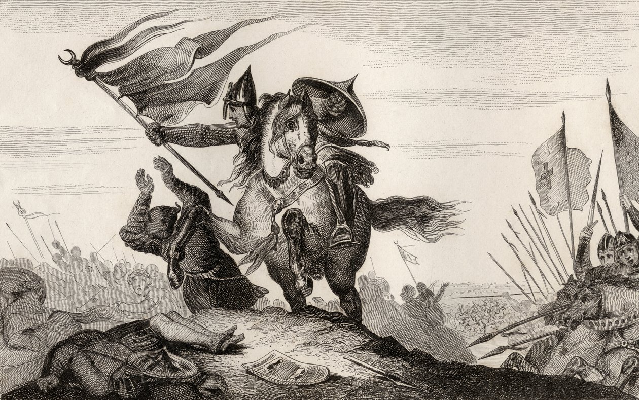 Um cavaleiro francês do século VIII em combate, da "Histoire de France" de Colart, publicada por volta de 1840 (gravura) de French School
