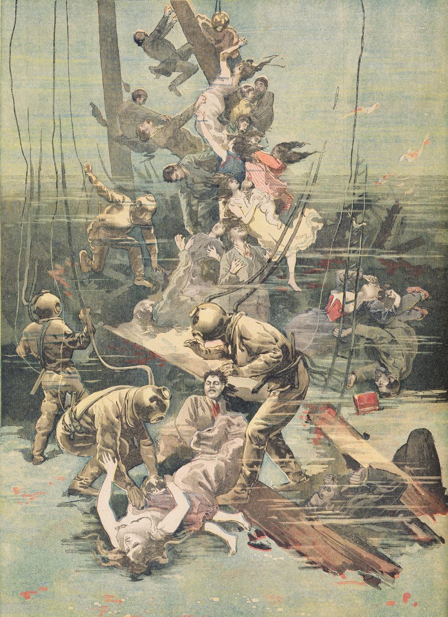 Um acidente em Santander, Divers procurando os corpos das vítimas, ilustração de &39;Le Petit Journal&39;, 25 de novembro de 1893 de French School