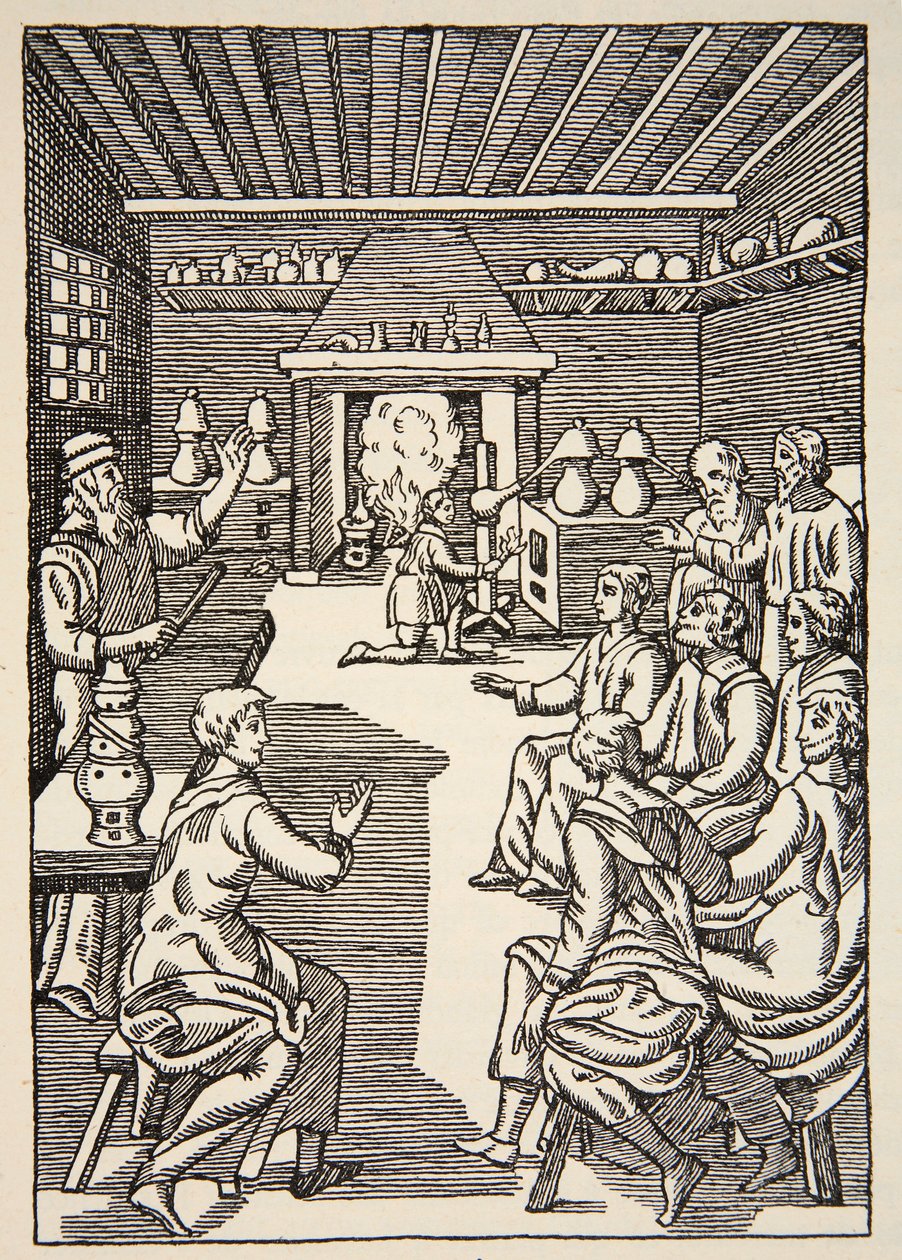 Uma lição de alquimia no século XIV, cópia de Boris Mestchersky (d.1957) ilustração da Histoire de la Nation Française, Sciences, Volumes I e II, por Gabriel Hanotaux (1853-1944), 1924 de French School