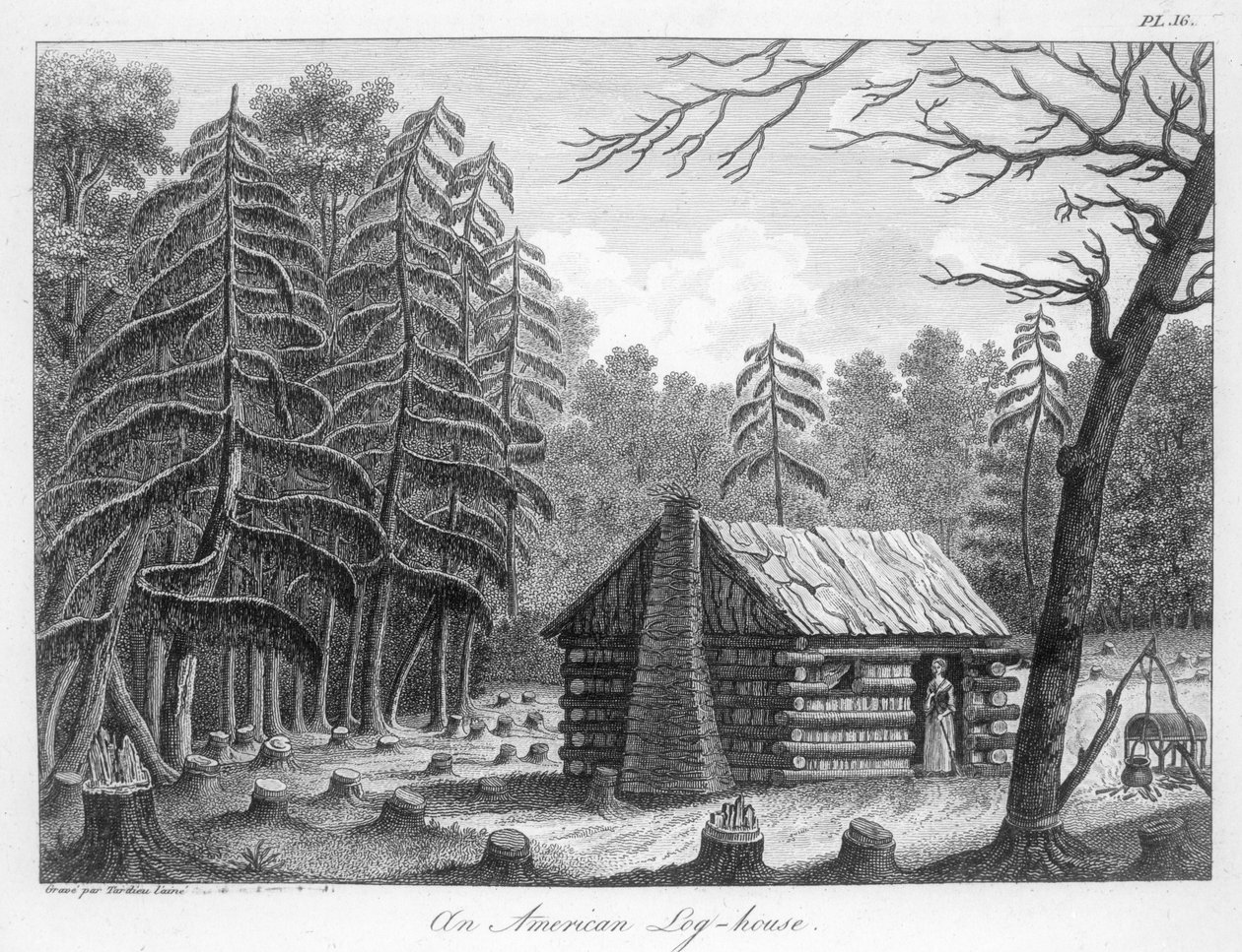 Um log-house americano, gravado por Tardieu de French School