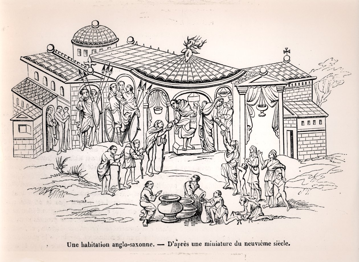 Uma casa anglo-saxônica na Inglaterra antes da chegada dos normandos, depois de uma miniatura do século IX de French School
