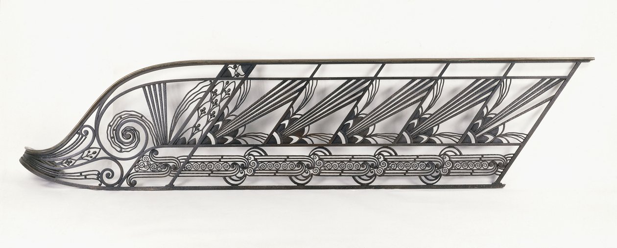 Uma balaustrada de escada Art Déco projetada por Delion, c.1920s-1930 (bronze, ferro forjado) de French School