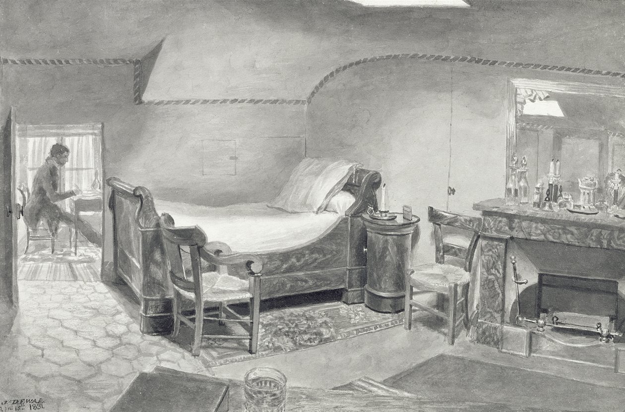 Um interior do sótão de um artista em Paris, c.1830 (caneta e tinta sépia e sépia wc no papel) de French School