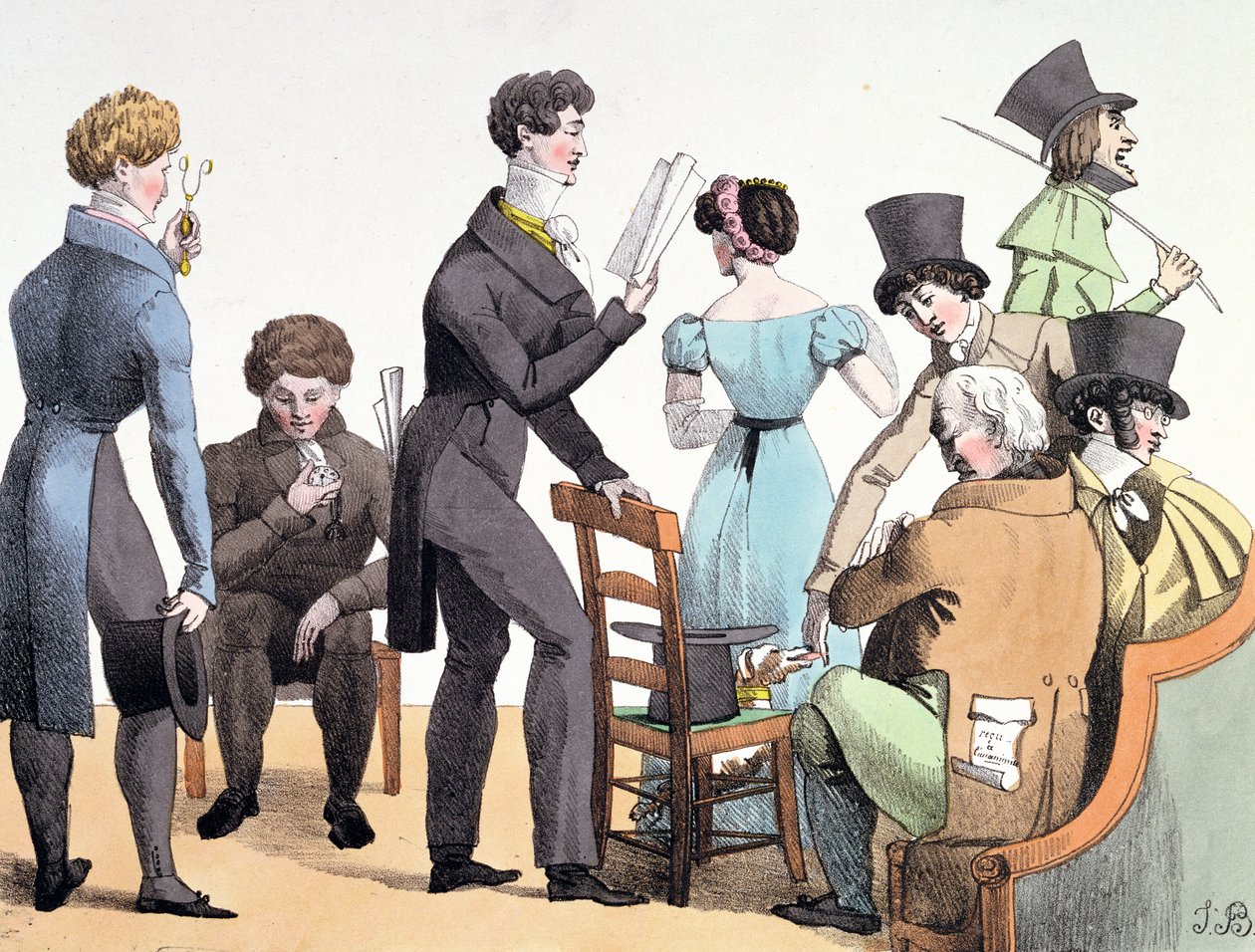 Um autor lendo seu trabalho para um grupo seleto, março de 1821 de French School