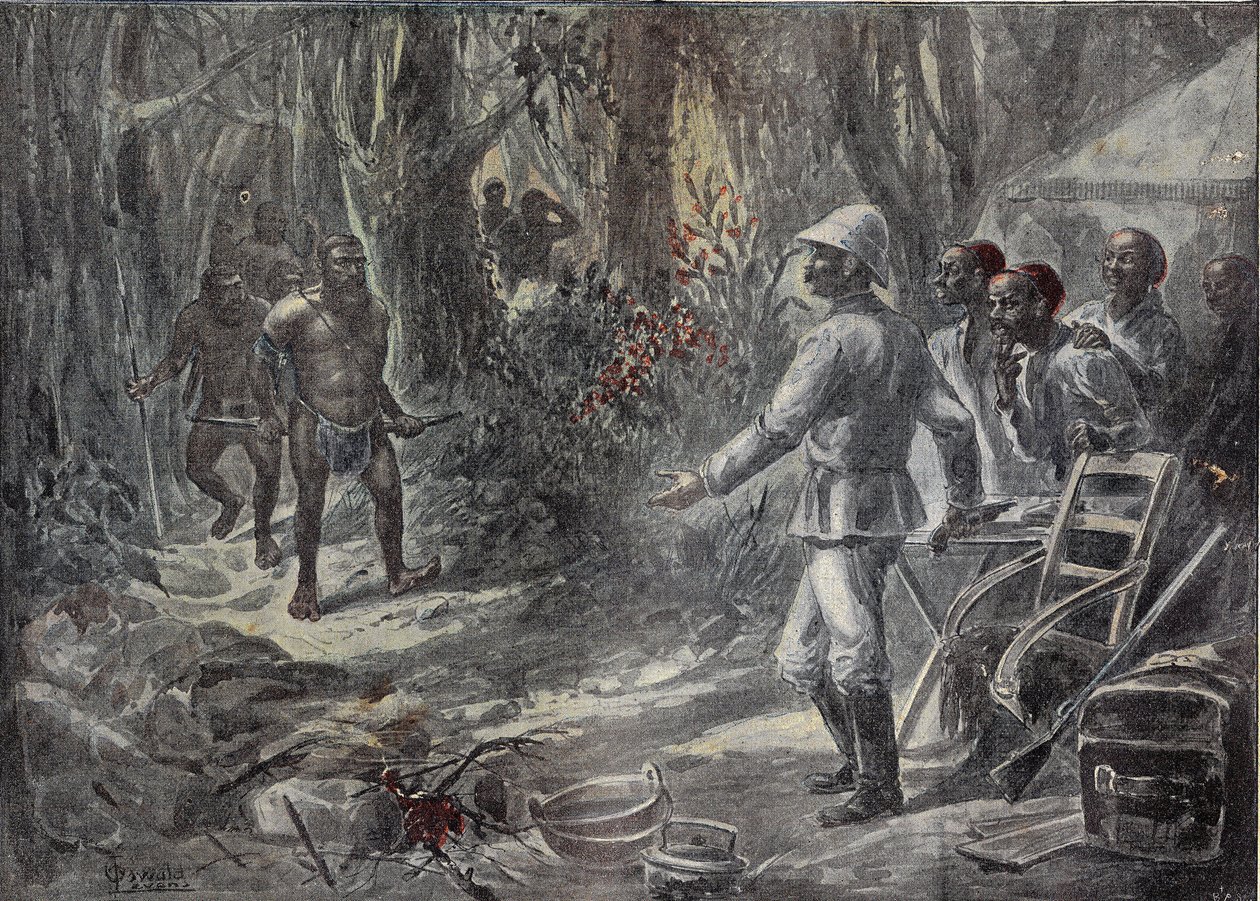 Um viajante inglês Lloyd descobre os pigmeus enquanto explora a África. Gravura em “” Le Pelerin ”” 04-08-1899. de French School