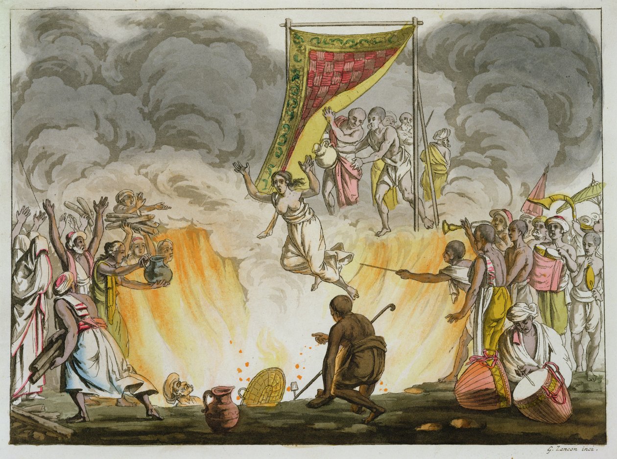 Uma viúva indiana queima a morte com seu corpo de maridos, prato 30 de um livro sobre a Índia, gravado por Gaetano Zancon (1771-1816) de French School