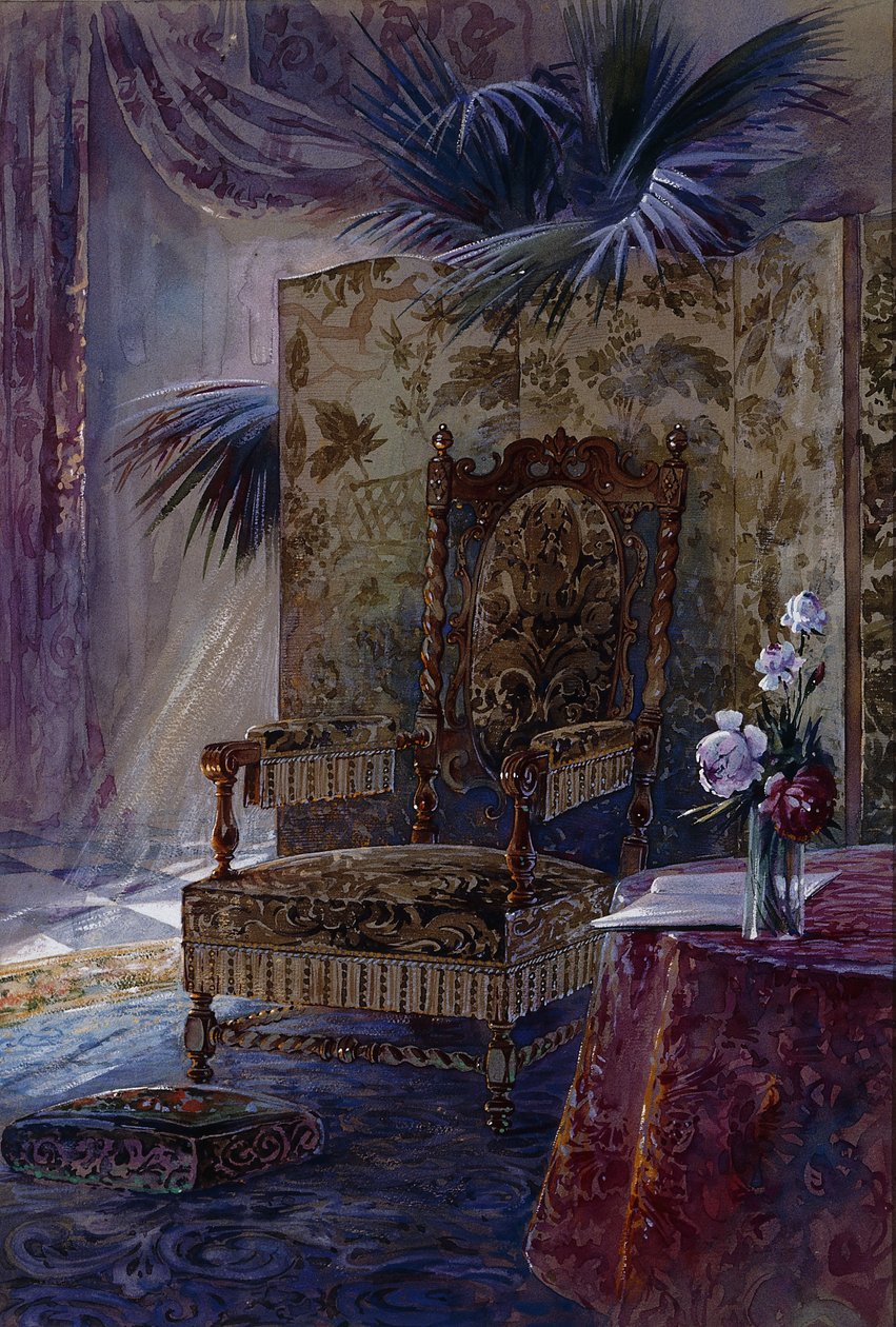 Um interior com uma poltrona estofada de nogueira do século XVII, c.1880 de French School