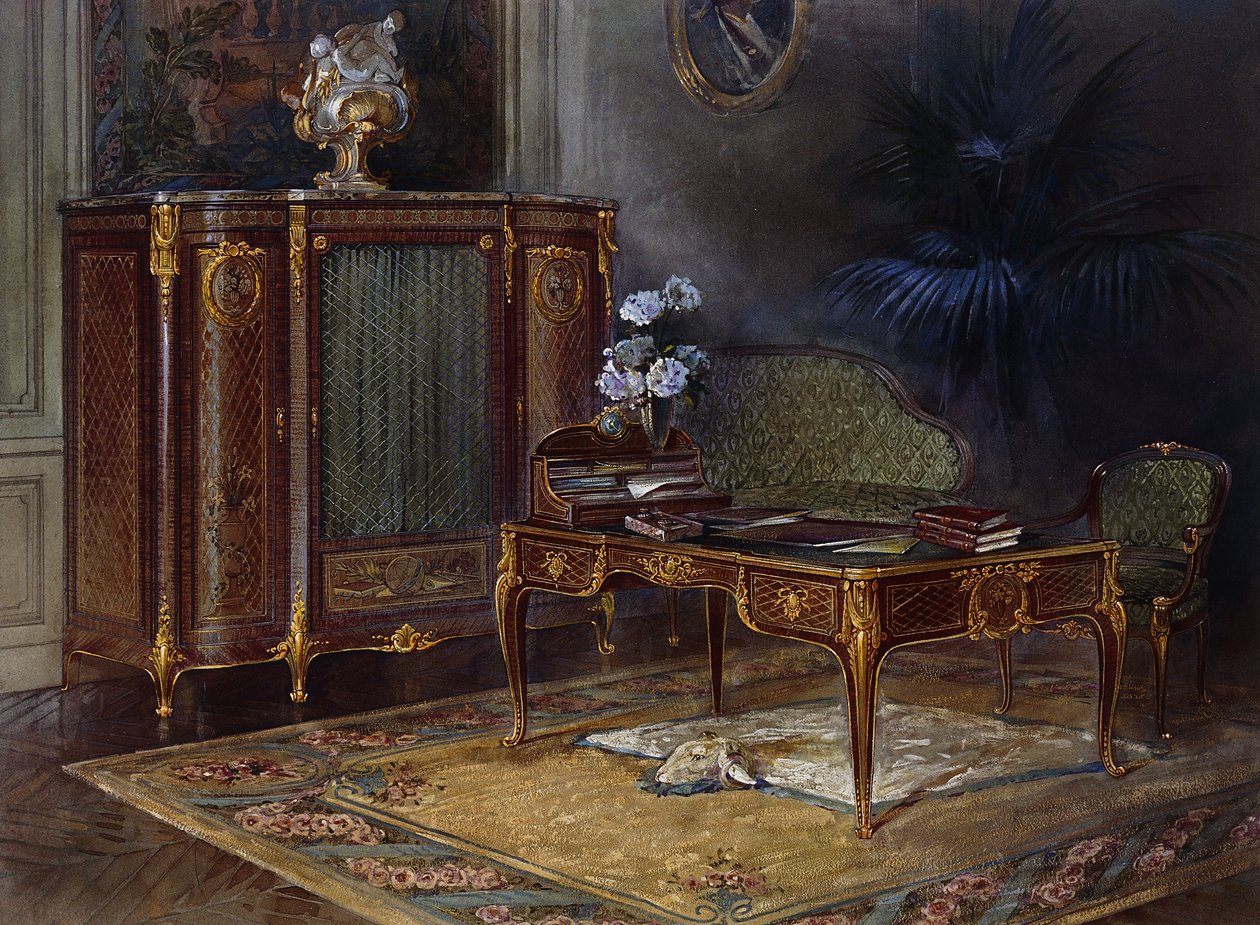 Um Interior com um Gabinete Plat e Parquetry, estilo Luís XV, montado em Ormulu e Platina e Bibliotheque43.4cm., de French School