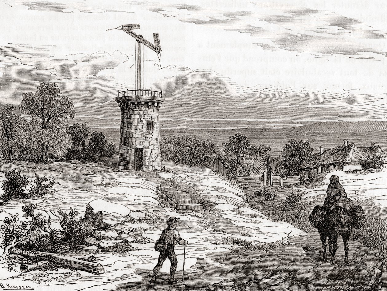 Um posto telegráfico aéreo no século XVIII, de Les Merveilles de la Science, publicado c.1870 (gravura) de French School