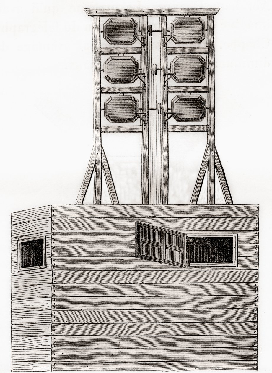 Um sistema telegráfico aéreo utilizado na Inglaterra no século XVIII, de Les Merveilles de la Science, publicado c.1870 (gravura) de French School
