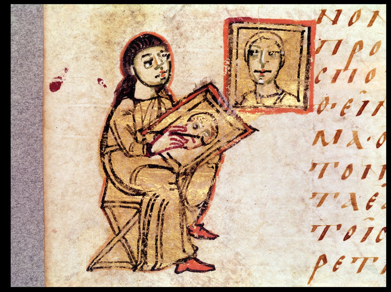 Um artista copiando uma pintura, de Sacra Parallela por St. John Damascene (dc754) de French School