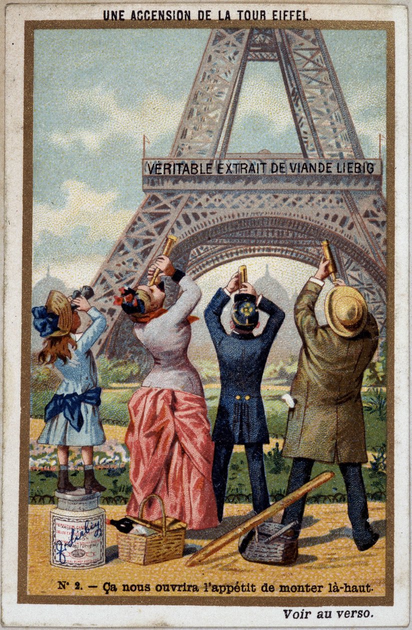 Uma ascensão da Torre Eiffel: você pode ver a altura da torre na vista longa - cromo. Liebig, deb. Século XX de French School