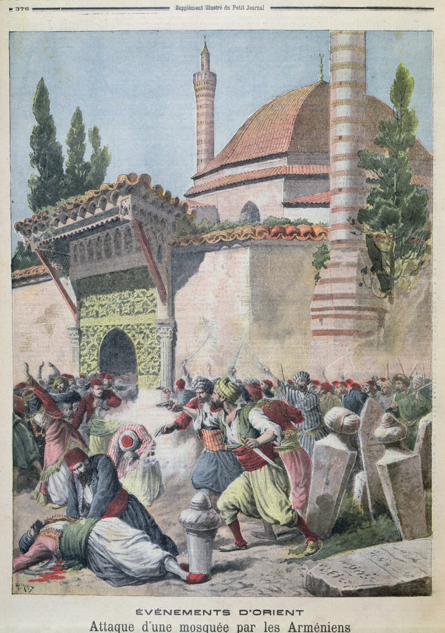 Um ataque a uma mesquita por armênios, ilustração do Le Petit Journal 1895 de French School