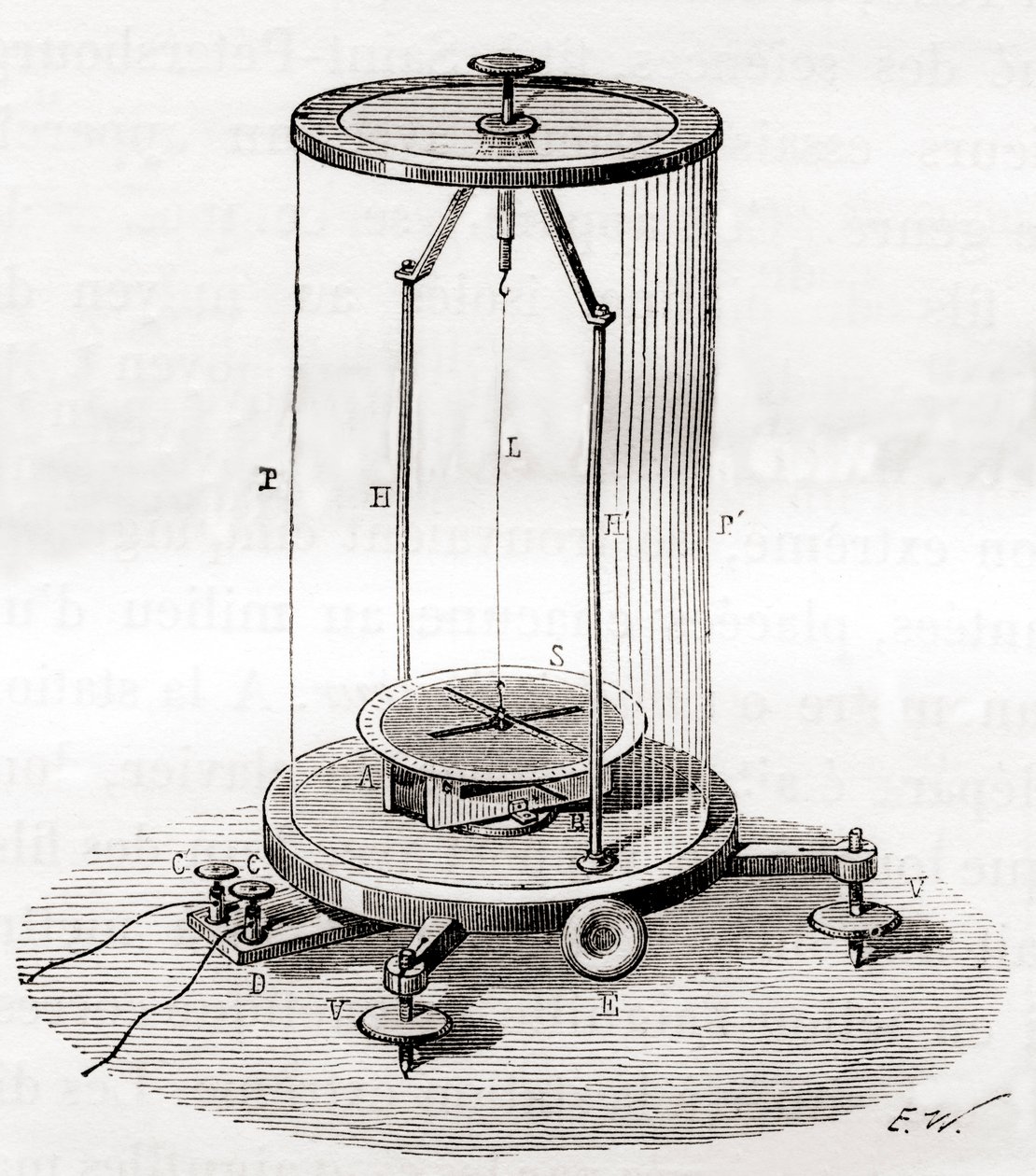 Um galvanómetro antigo, um tipo de amperímetro, um instrumento de medição utilizado para medir a corrente eléctrica num circuito, de Les Merveilles de la Science, publicado por volta de 1870 (gravura) de French School