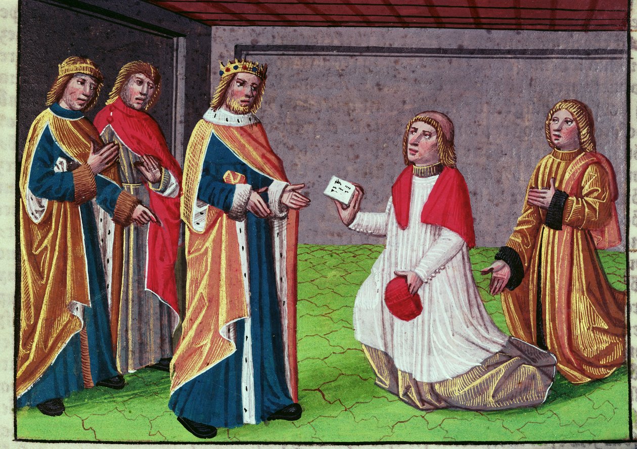 Um emissário do Papa Adrian I implorando a Carlos Magno que defenda Roma contra o rei lombardo Desiderio, miniatura de "Ogier le Danois", impressa por A. Verard, Paris de French School