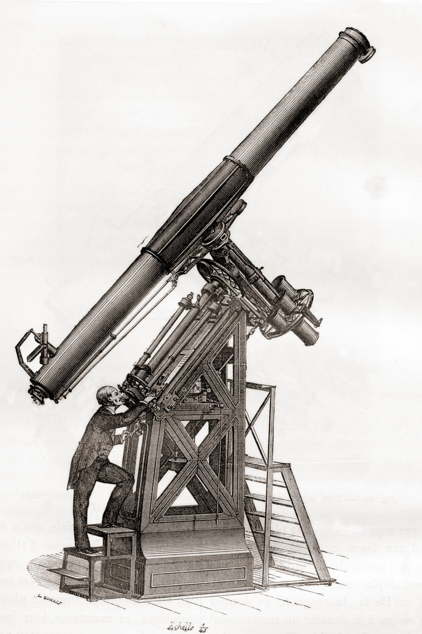 Um telescópio equatorial no Observatório de Paris, França no século XIX, de Les Merveilles de la Science, publicado c.1870 (gravura) de French School