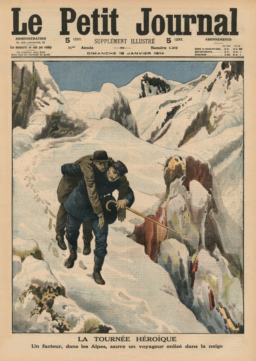Uma rodada heróica, um carteiro alpino resgatando um viajante preso na neve, ilustração da capa do &39;Le Petit Journal&39;, suplemento ilustre, 18 de janeiro de 1914 de French School