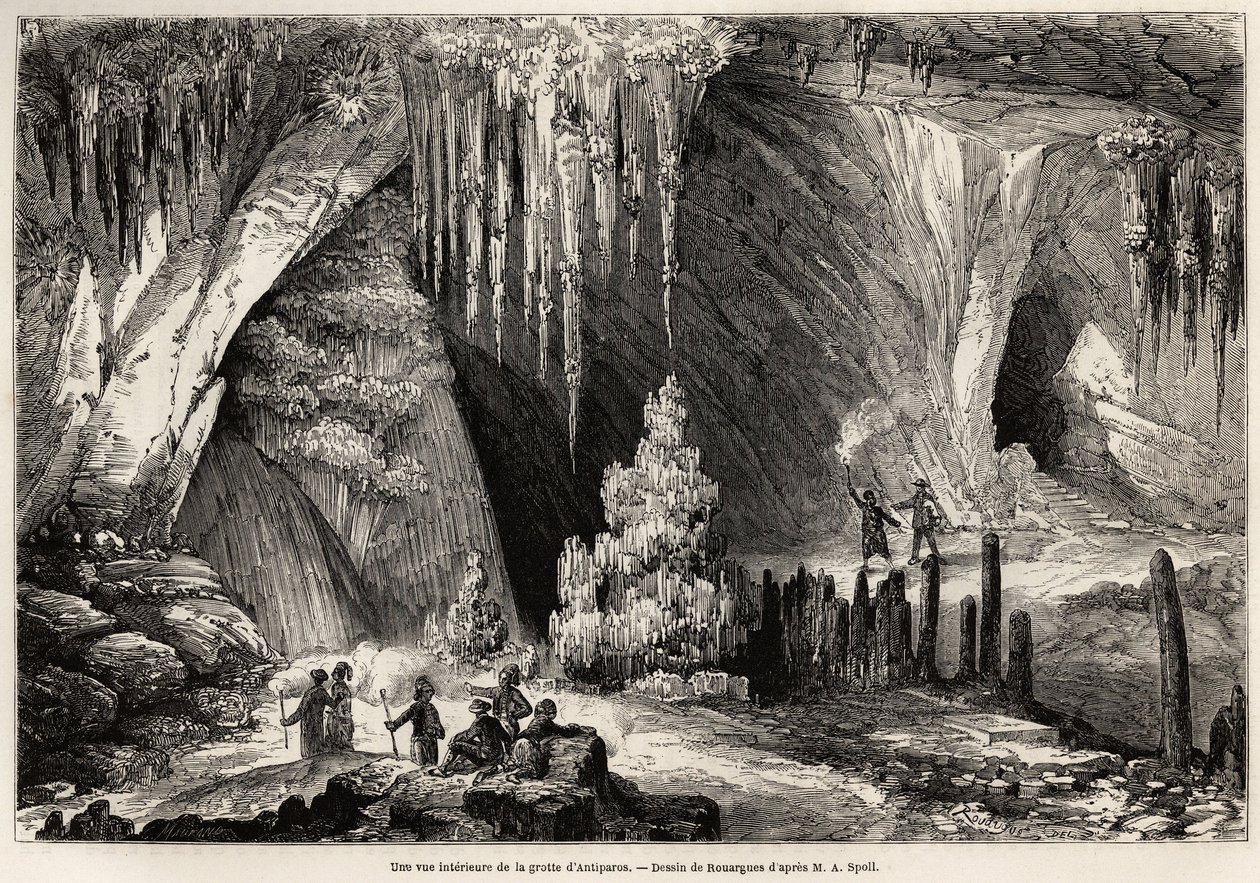 Vista interior da gruta de Antiparos, ilha das Cíclades, desenho de Emile Rouargue (cerca de 1895-1865), para ilustrar a visita à gruta de Antiparos, em 1859, por E.A.Spoll. Gravura em "Le tour du monde" 1861. Coleção de Selva. de French School