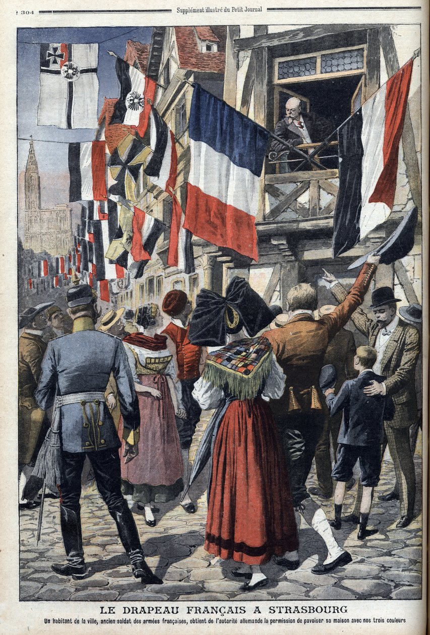 Um antigo soldado francês em Estrasburgo ocupada pela Alemanha pode exibir a bandeira francesa - "Le Petit Journal" 20 de Setembro de 1908 (gravura) de French School
