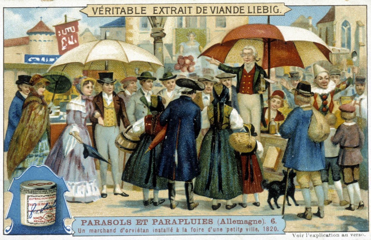 Um comerciante orvietano (charlatão) instalado na feira de uma pequena cidade na Alemanha - Etiqueta publicitária Liébig, v.1900 de French School