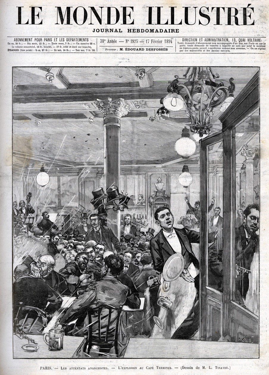 Ataques anarquistas em Paris, em fevereiro de 1894. A explosão no Café Terminus. "O Mundo Ilustrado", de 17 de Fevereiro. de French School