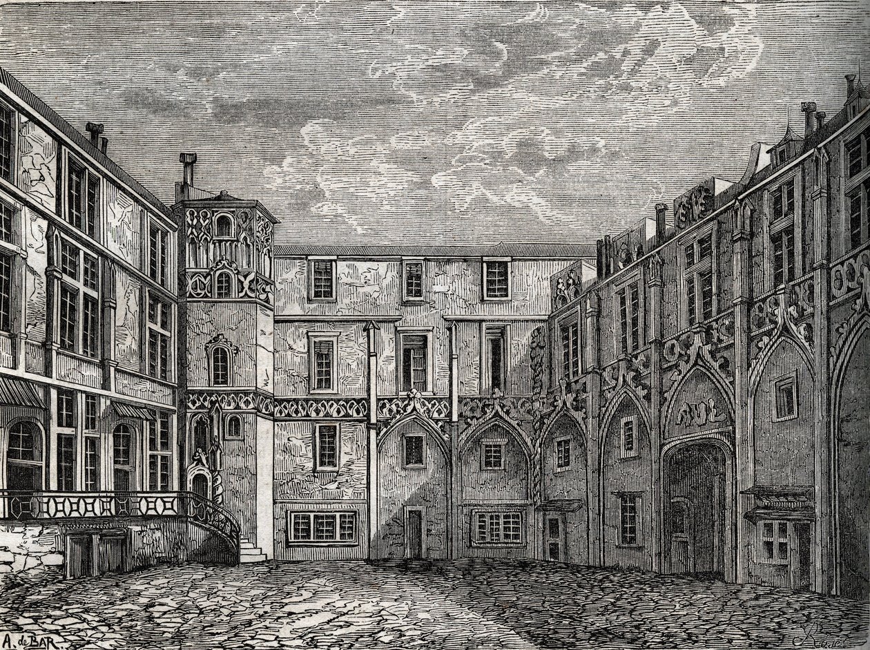 Ancien hotel de la Tromoille, rue des Bourdonnais, Paris (1º arr) Gravação em "História física, civil e moral de Paris: desde os primeiros tempos históricos até aos nossos dias" por Jacques Antoine Dulaure de French School