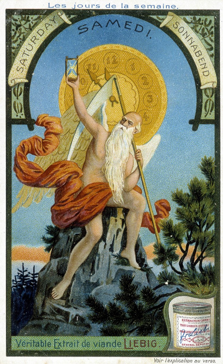 Ancient Divinity segurando uma ampulheta como um símbolo do tempo passando para ilustrar o sábado. Cartão publicitário da Liebig Chromolithographic. de French School