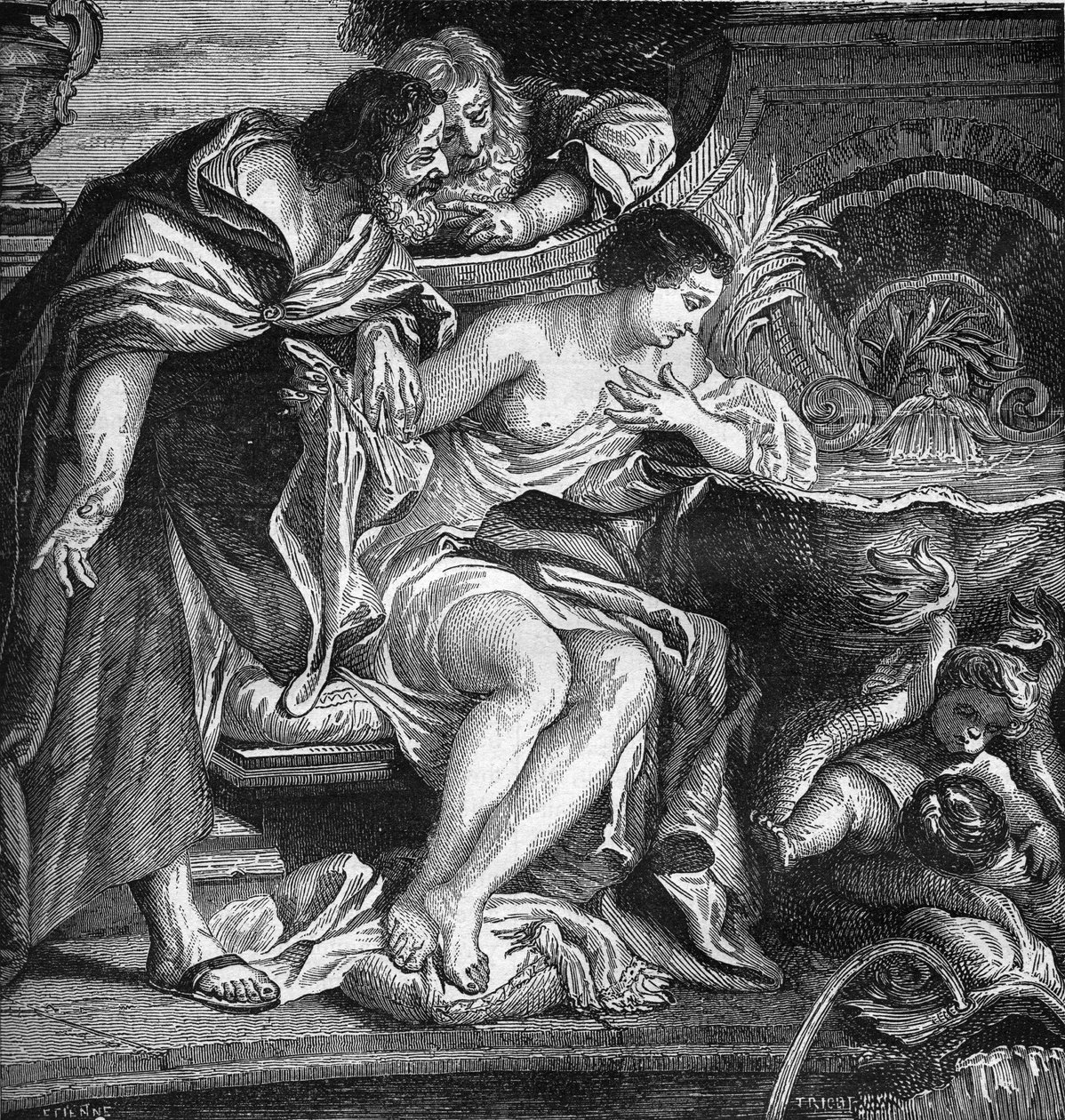 Antigo Egipto: Cheops imaginava prostituir a sua filha para pagar a construção das Pirâmides (procuring). Gravação em "A história da prostituição e do deboche entre todos os povos do mundo desde a antiguidade até os dias de hoje" pelo Dr. Th. -F. D de French School