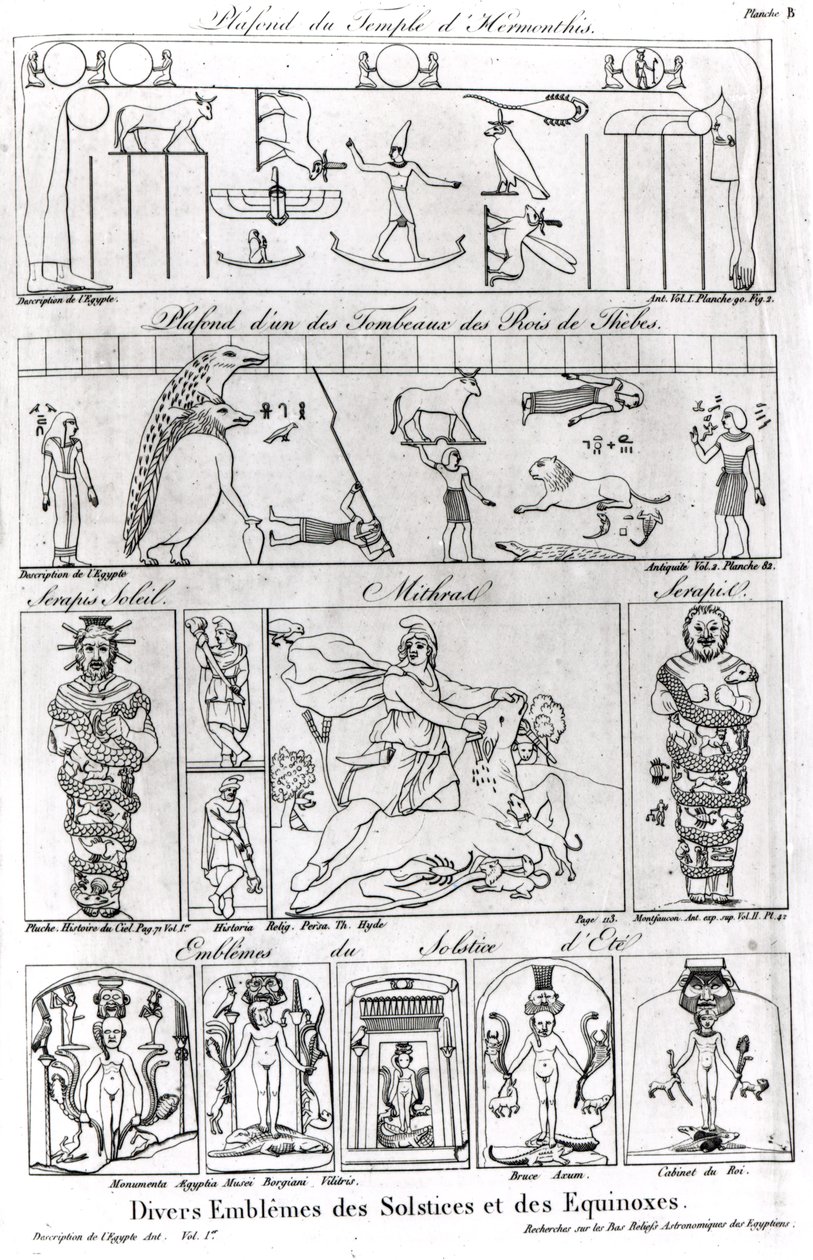 Ilustrações e símbolos religiosos e astronômicos egípcios e persas antigos de French School