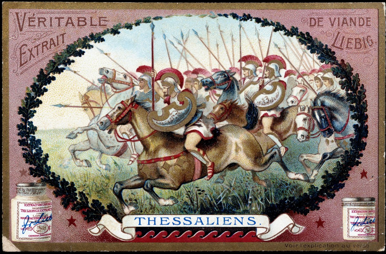Grécia Antiga: A Tessália na Antiguidade. Ataque da cavalaria tessálica contra os romanos. Cromolitografia de Liebig do final do século XIX. de French School