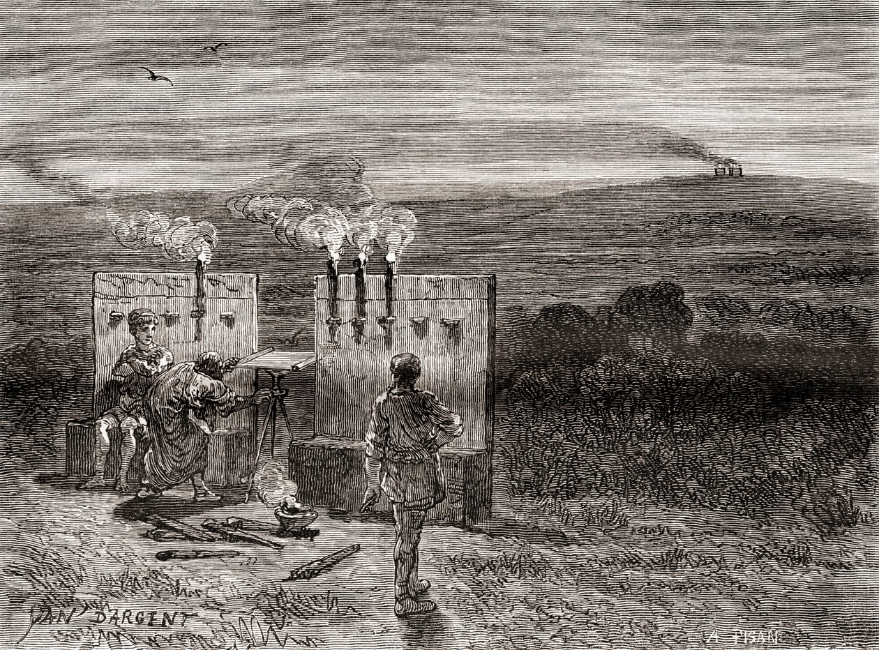 O historiador grego Políbio a trabalhar no Quadrado de Políbio ou tabuleiro de xadrez, um sistema que inventou como auxílio à telegrafia utilizando conjuntos de tochas, de Les Merveilles de la Science, publicado por volta de 1870 (gravura) de French School