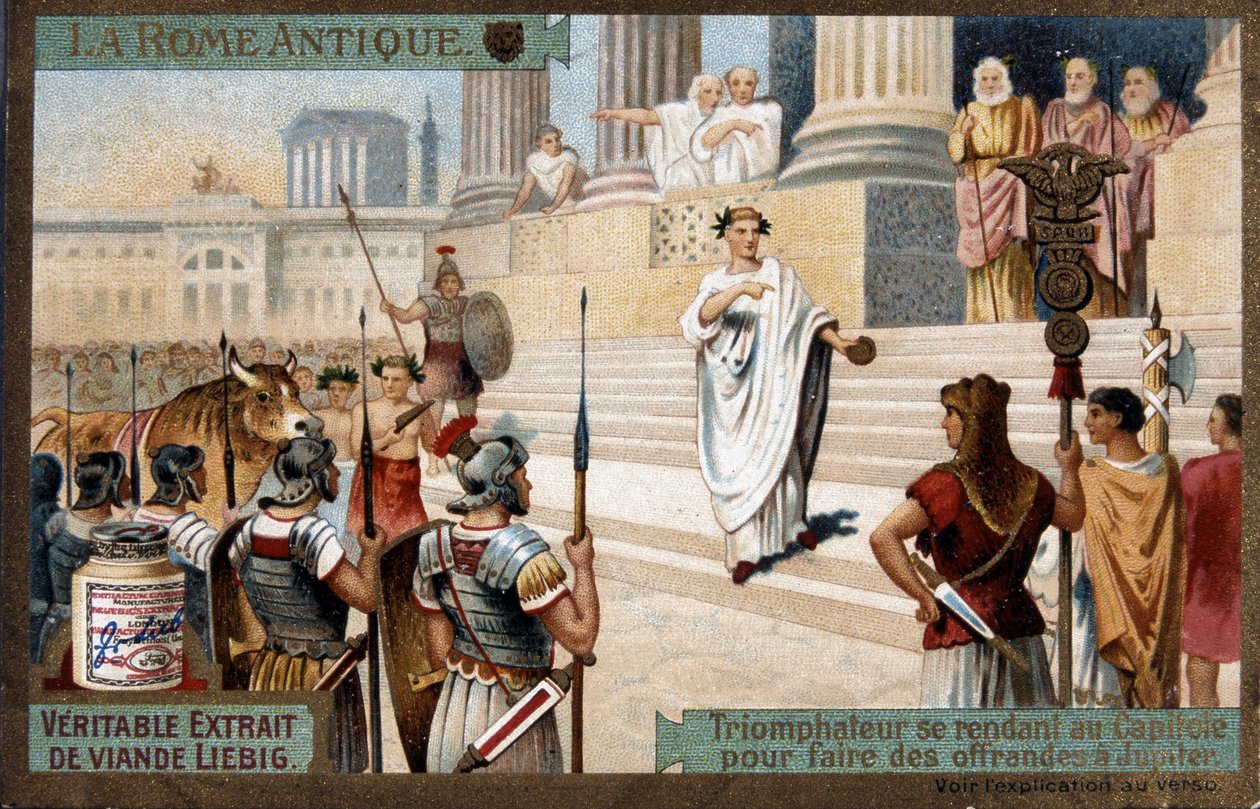 Roma Antiga: Triunfador do Capitólio para fazer oferendas a Júpiter - Chromolithography Liébig, v.1900 de French School