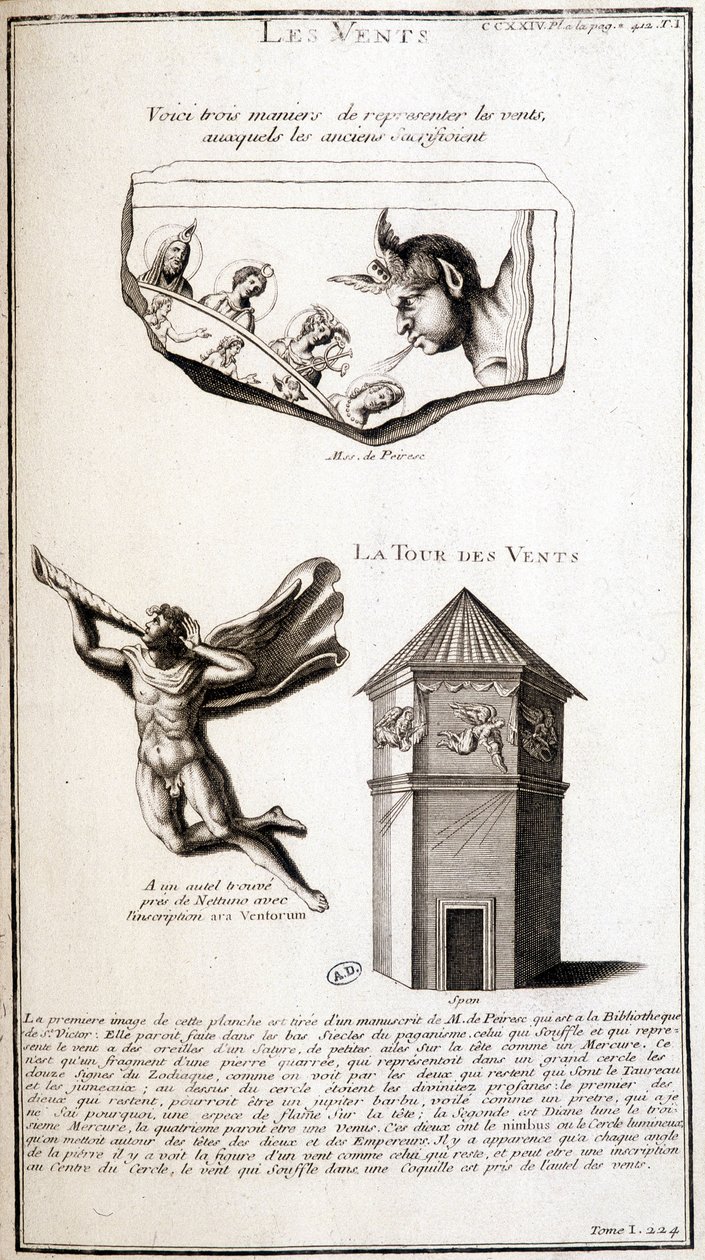 Antigas representações do vento e da torre de vento - gravura de French School