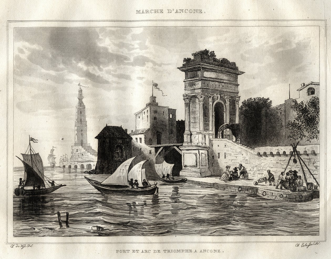 Ancona - Ancona - Itália - O Arco de Trajano, antiga obra romana atribuída a Apollodoro - O Arco é colocado em Ancona - Gravura de "Itália Pitoresca" - Pintura Histórica e Descritiva da Itália" de M. de Norvins, Ch. Nodier 1834-1836. de French School