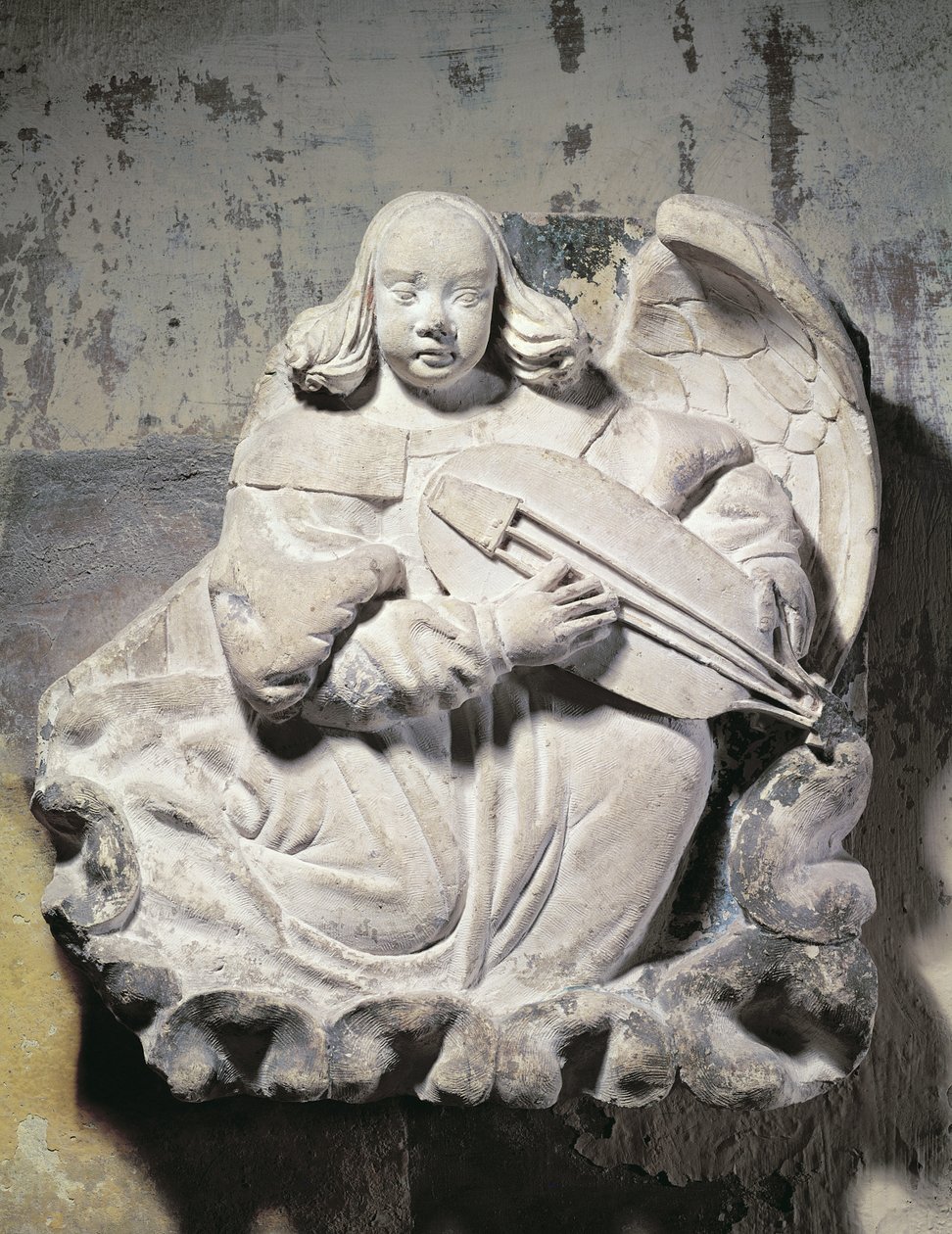 Músico de anjo tocando um instrumento de cordas (baixo-relevo) de French School
